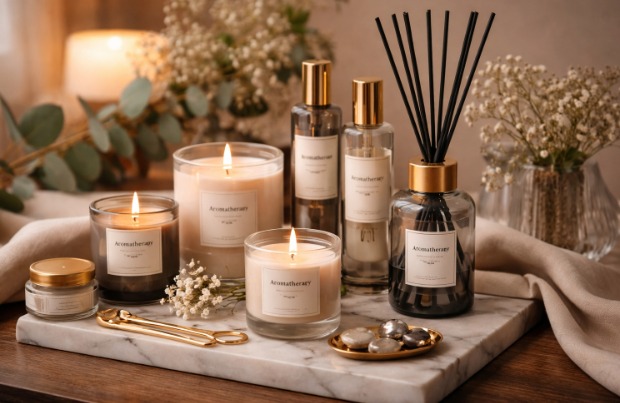 Cenário elegante com velas acesas, difusor e flores secas