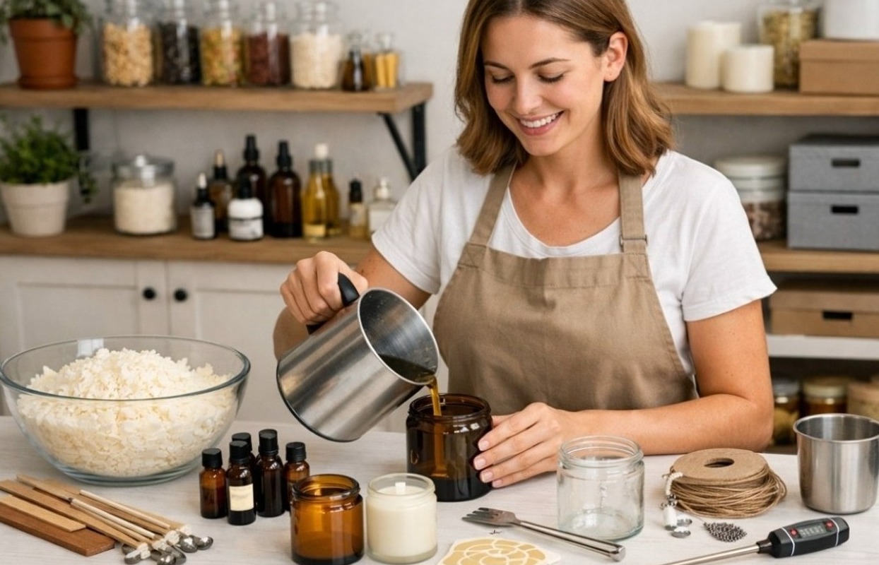 Mulher sorrindo produzindo vela artesanal em ateliê acolhedor